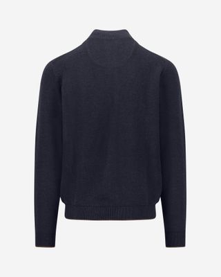 Fynch Hatton navy cotton zip cardigan 1614223, back view of fine knit and ribbed hem