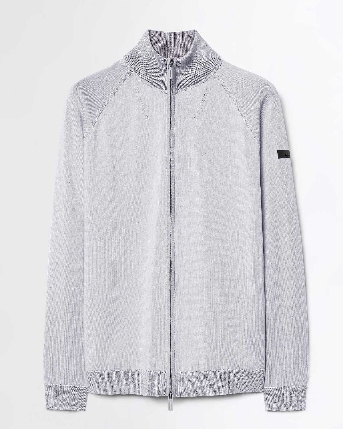 RRD New Amos Cotton Full Zip Knit in grijs met volledige ritssluiting, voorkant.