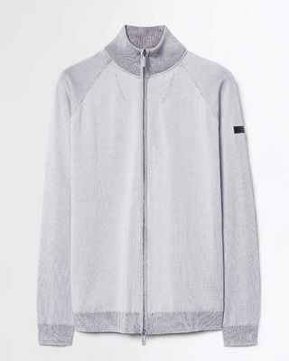 RRD New Amos Cotton Full Zip Knit in grijs met volledige ritssluiting, voorkant.