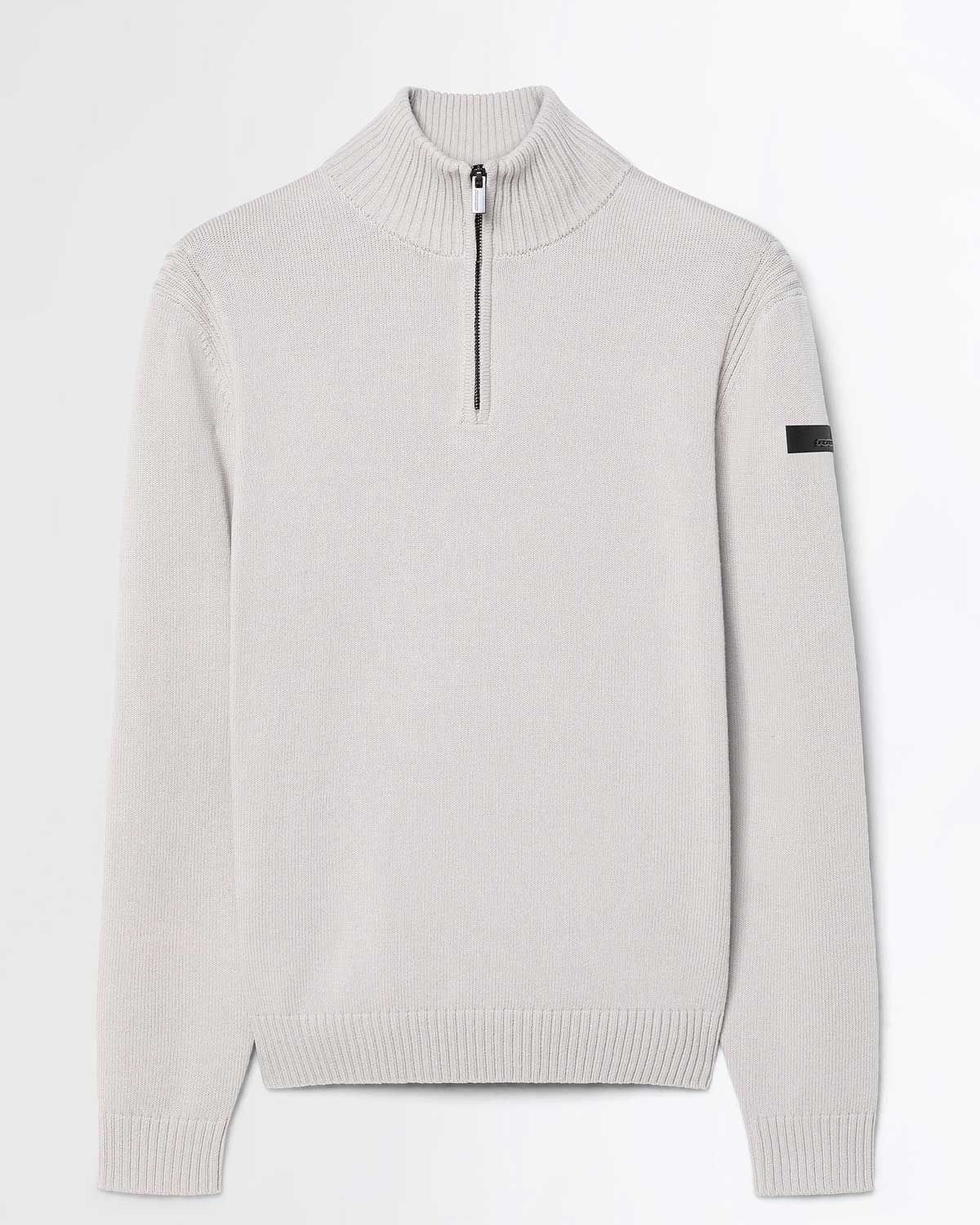 RRD Cotton Plain Half Zip Knit in beige met opstaande kraag en korte ritssluiting, voorkant.