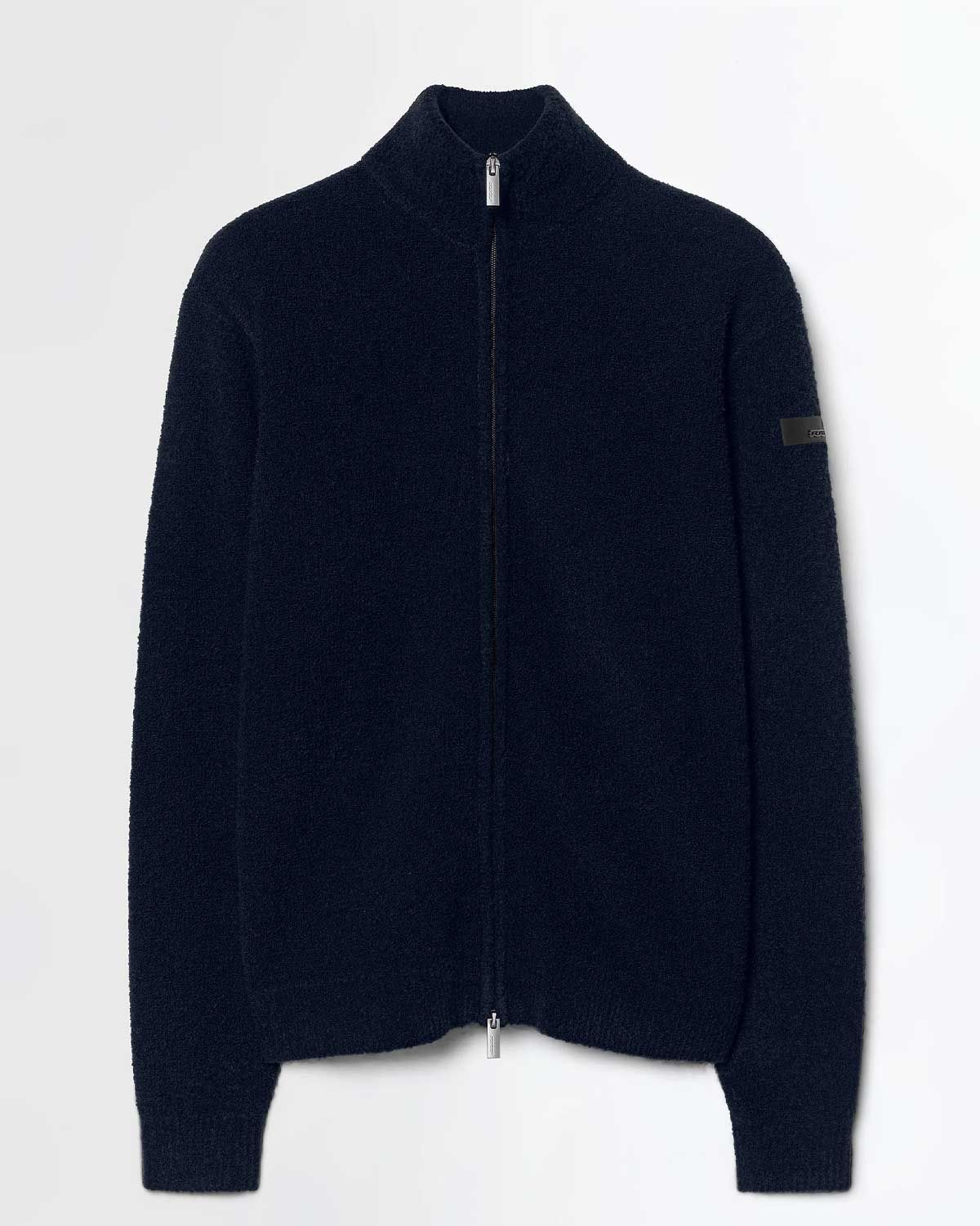 Donkerblauwe RRD Bouclé Full Zip Knit met hoge kraag en dubbele ritssluiting.