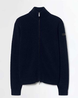 Donkerblauwe RRD Bouclé Full Zip Knit met hoge kraag en dubbele ritssluiting.