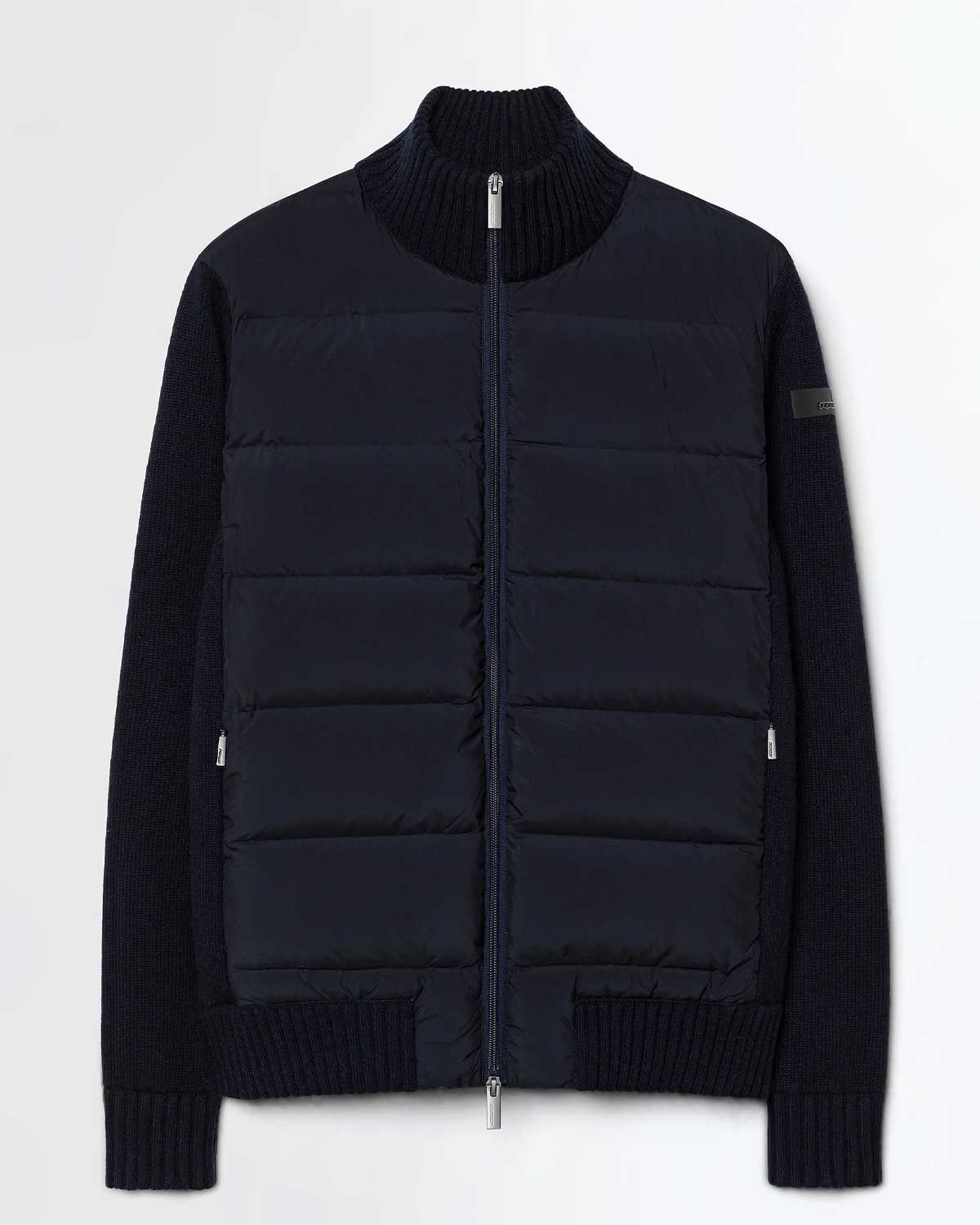 Vooraanzicht van de RRD Wool Cash 7 Hybrid Duck Soft Knit Jacket in blauw-zwart.
