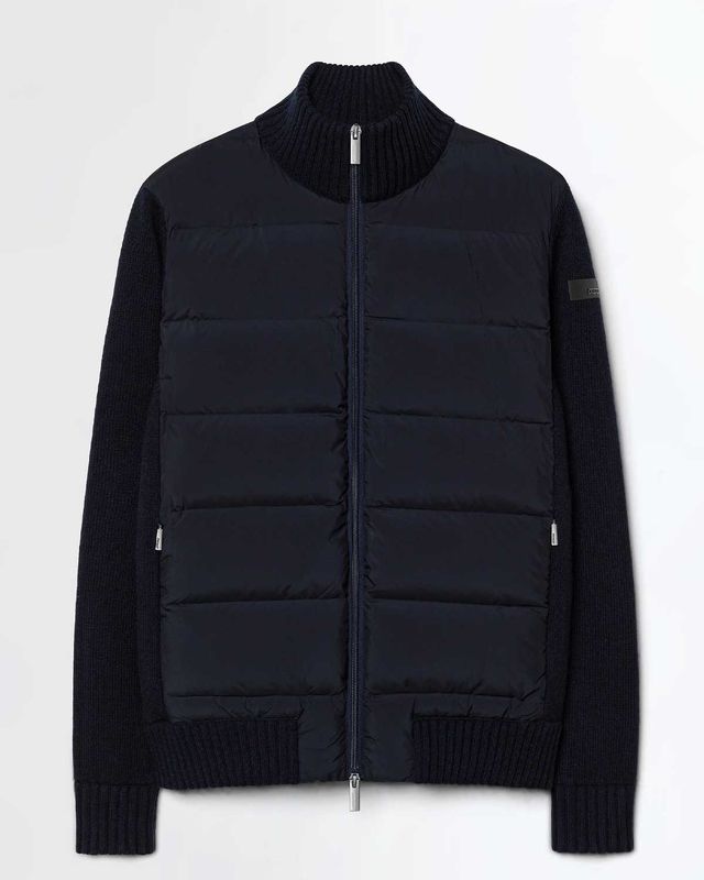 Vooraanzicht van de RRD Wool Cash 7 Hybrid Duck Soft Knit Jacket in blauw-zwart.