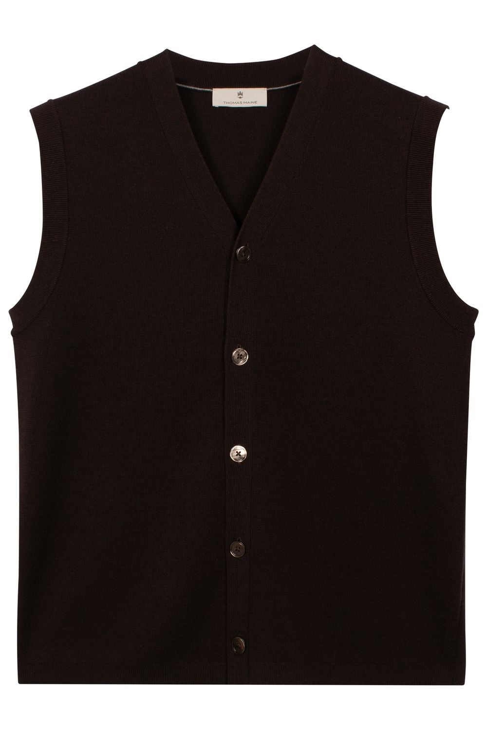 Thomas Maine men’s dark brown buttoned knit vest 62205TM100, front view at Van den Broek Herenmode