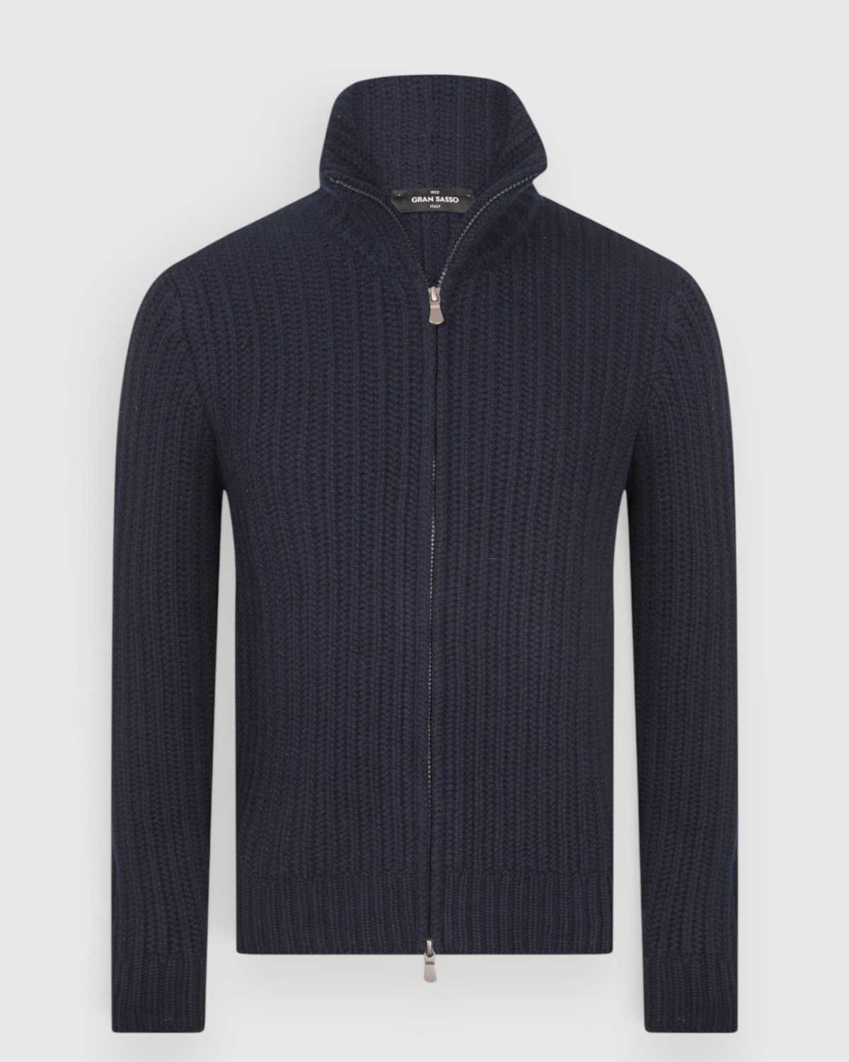 Gran Sasso vest in donkerblauw met parelbreisel en volledige ritssluiting, voorkant.