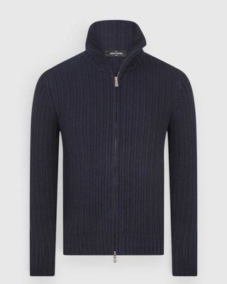 Gran Sasso vest in donkerblauw met parelbreisel en volledige ritssluiting, voorkant.