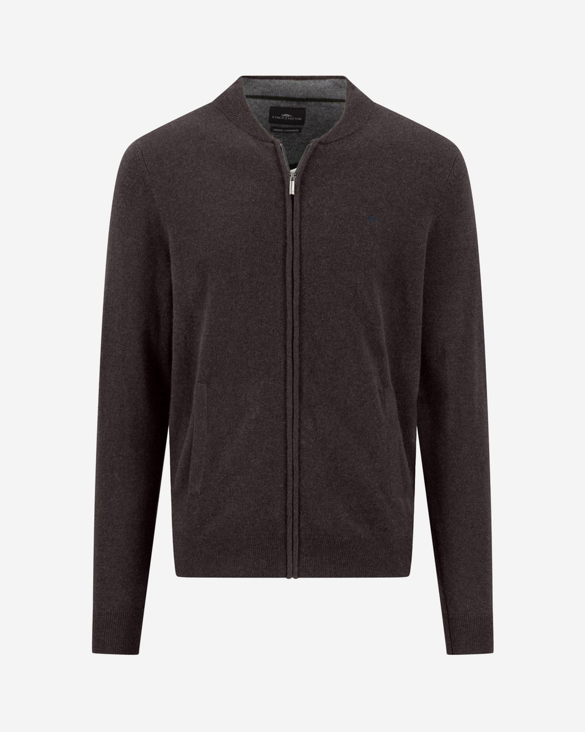 Fynch Hatton dark-brown Soil wool-cashmere cardigan 1614803, front view with zip and stand collar