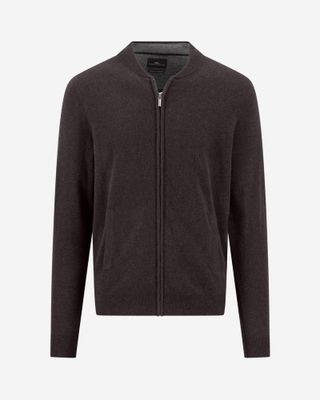Fynch Hatton dark-brown Soil wool-cashmere cardigan 1614803, front view with zip and stand collar