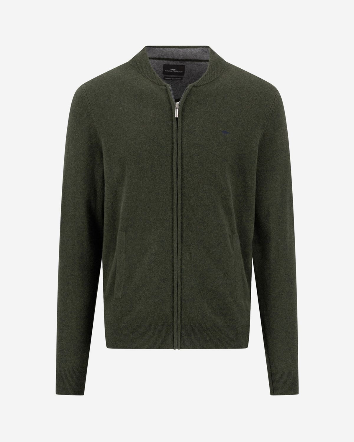 Fynch Hatton dark-green Cypress wool-cashmere cardigan 1614803, front view with zip and stand collar