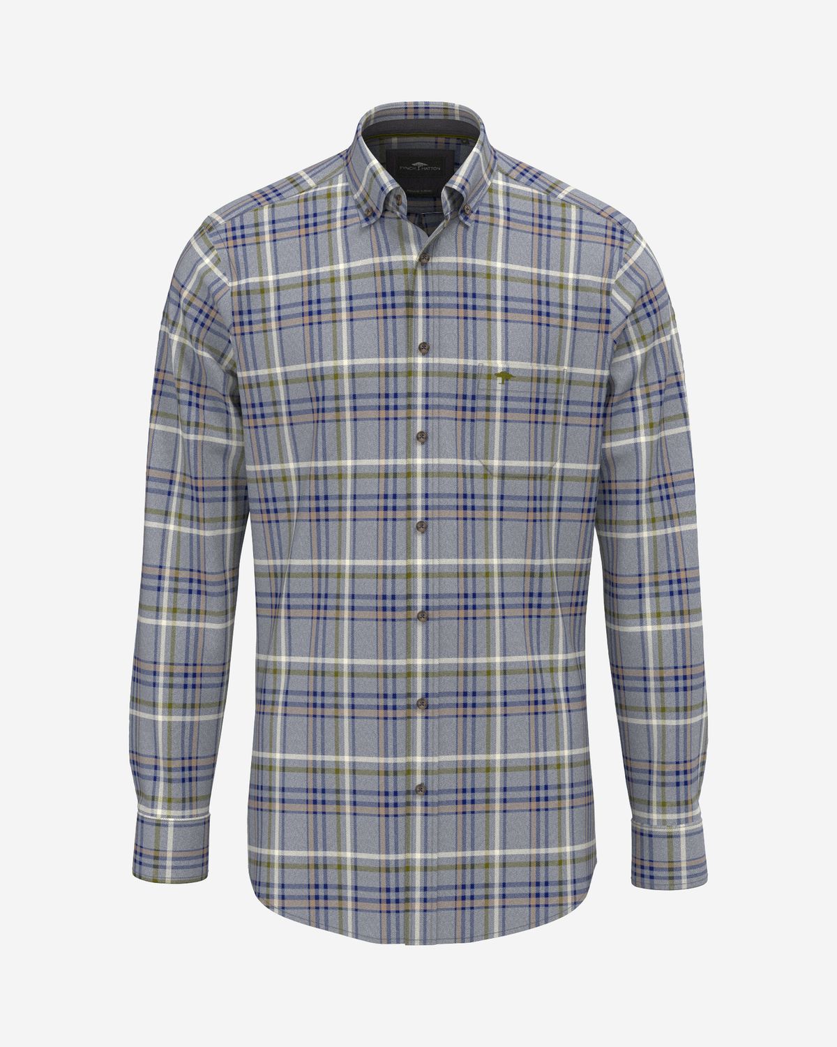 Fynch Hatton Premium Melange Check shirt air blue 16108860, front view of check and button-down collar