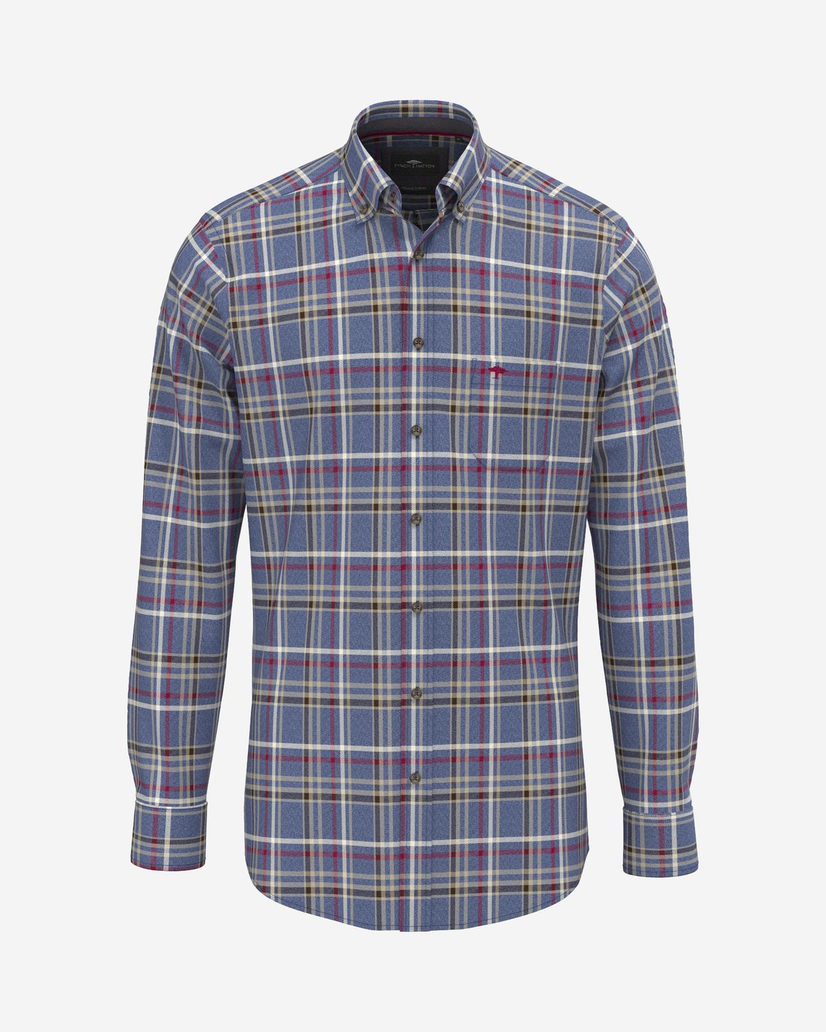 Fynch Hatton Premium Melange Check shirt ink blue 16108860, front view with red-white check and button-down collar