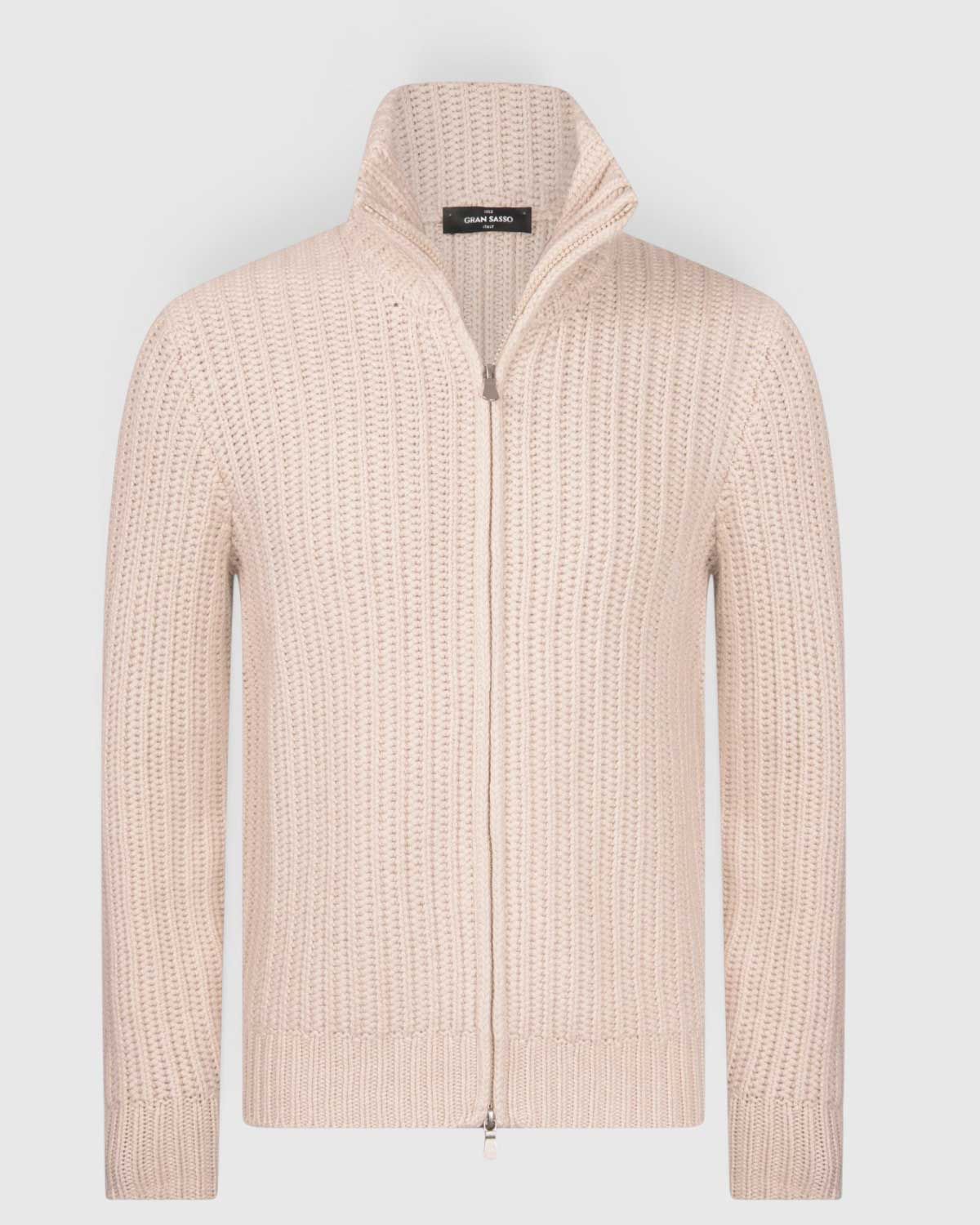 Gran Sasso beige vest met driedraads parelbreisel en volledige ritssluiting, voorkant.