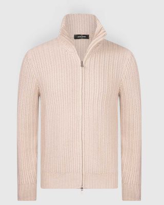 Gran Sasso beige vest met driedraads parelbreisel en volledige ritssluiting, voorkant.