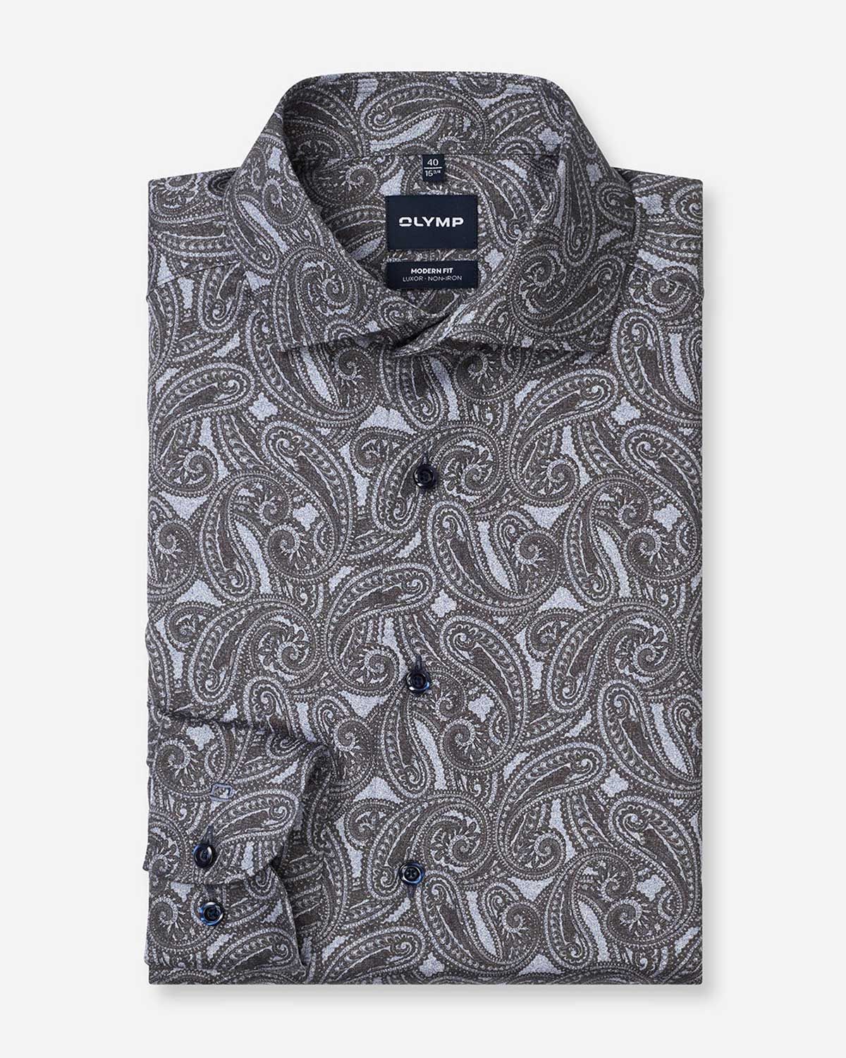 OLYMP Luxor overhemd in marineblauw met donkere Paisley-print