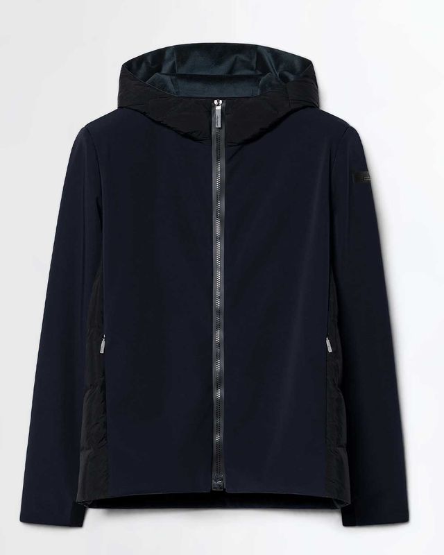 Vooraanzicht van de zwarte RRD Montecristo Thermo Duck Hood Zip Soft Jacket.