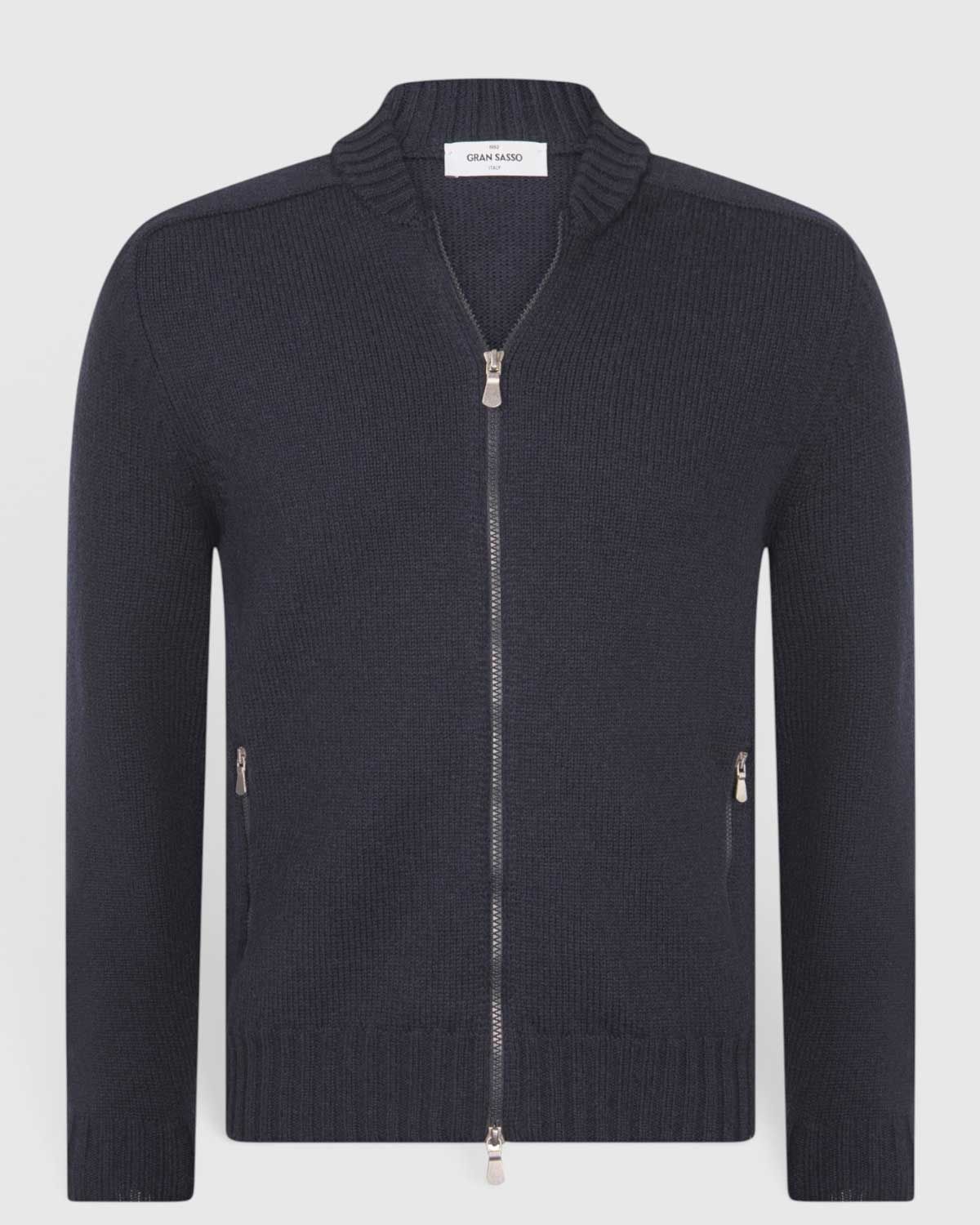 Gran Sasso Super Geelong bombervest in donkerblauw van 100% scheerwol, voorkant.