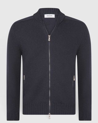 Gran Sasso Super Geelong bombervest in donkerblauw van 100% scheerwol, voorkant.