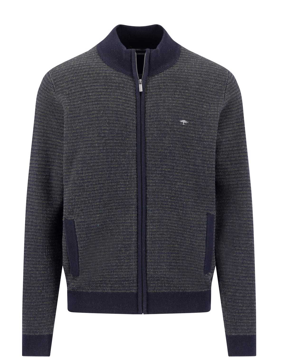 Fynch-Hatton RWS lambswool zip cardigan in navy, front view