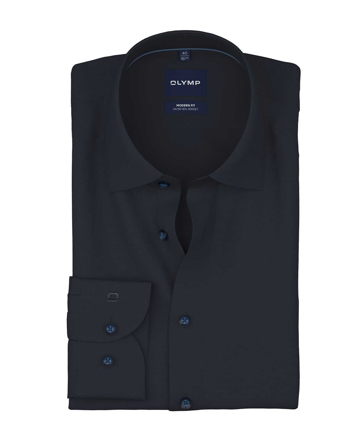 OLYMP Luxor 24/Seven overhemd in effen marineblauw met New Kent-kraag