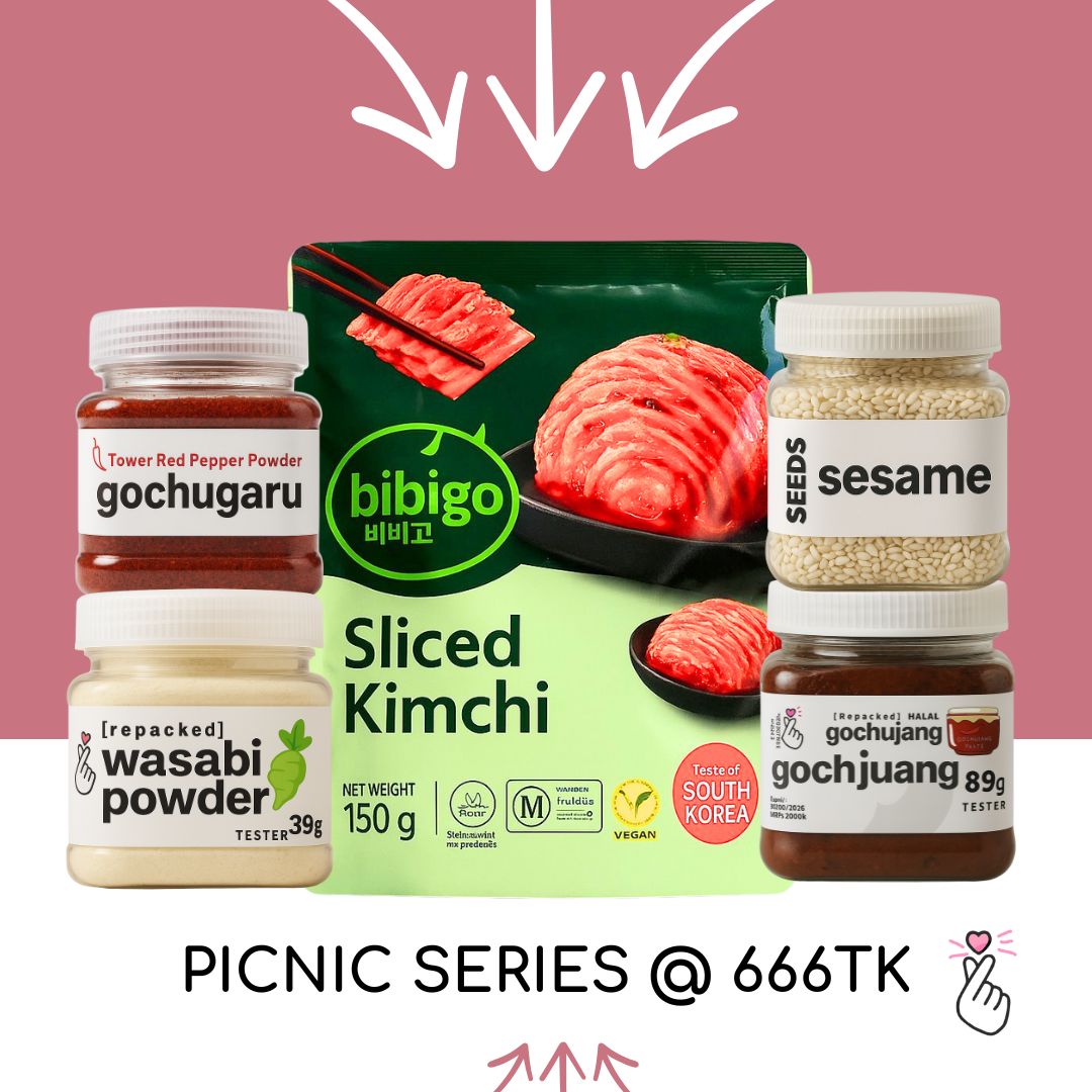 Korean Picnic Set - Kimchi + Gochujang 89g + Gochugaru 49g + Wasbi 39g + Sesame 75g