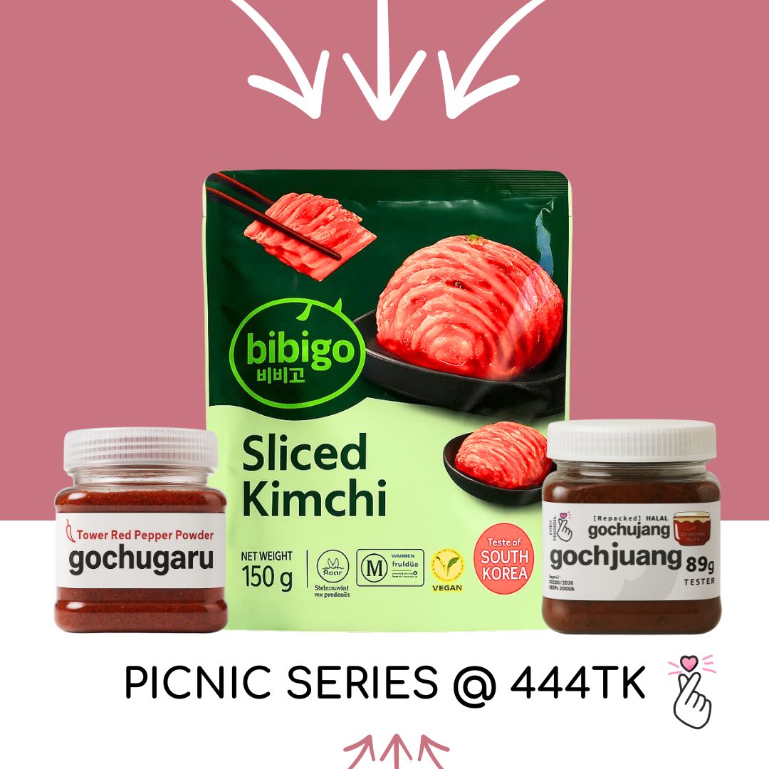 Korean Picnic Set - Sliced Kimchi + Gochujang 89g + Gochugaru 49g Korean Picnic Set - Sliced Kimchi + Gochujang 89g + Gochugaru 49g