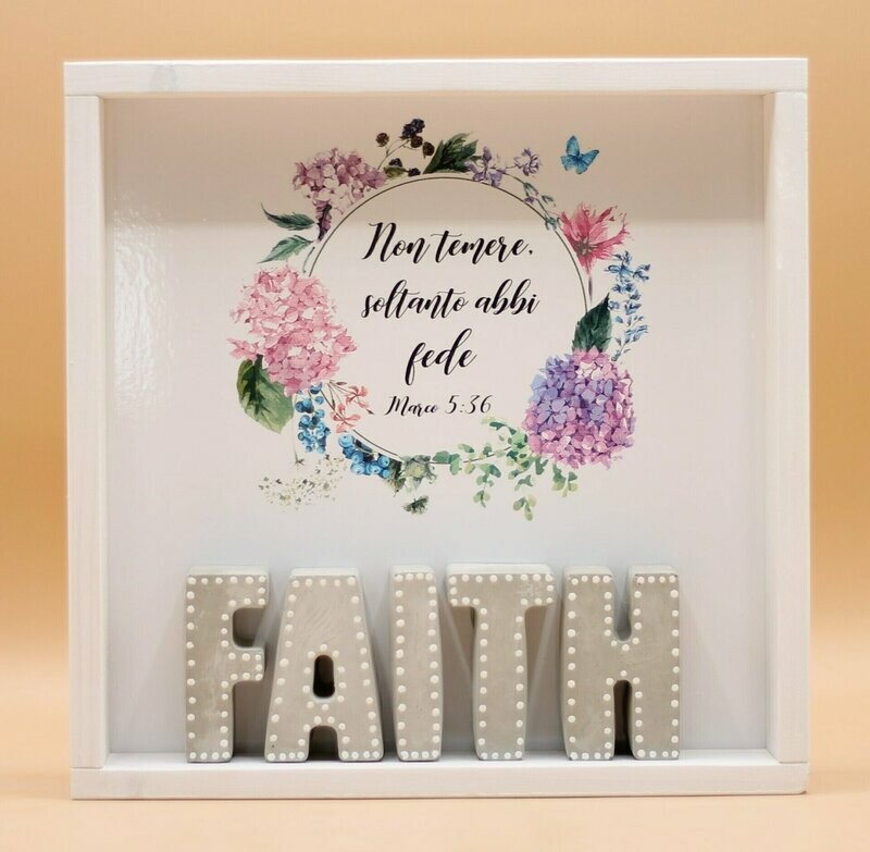 Quadro in legno "FAITH" fiori, Ebrei 11:1