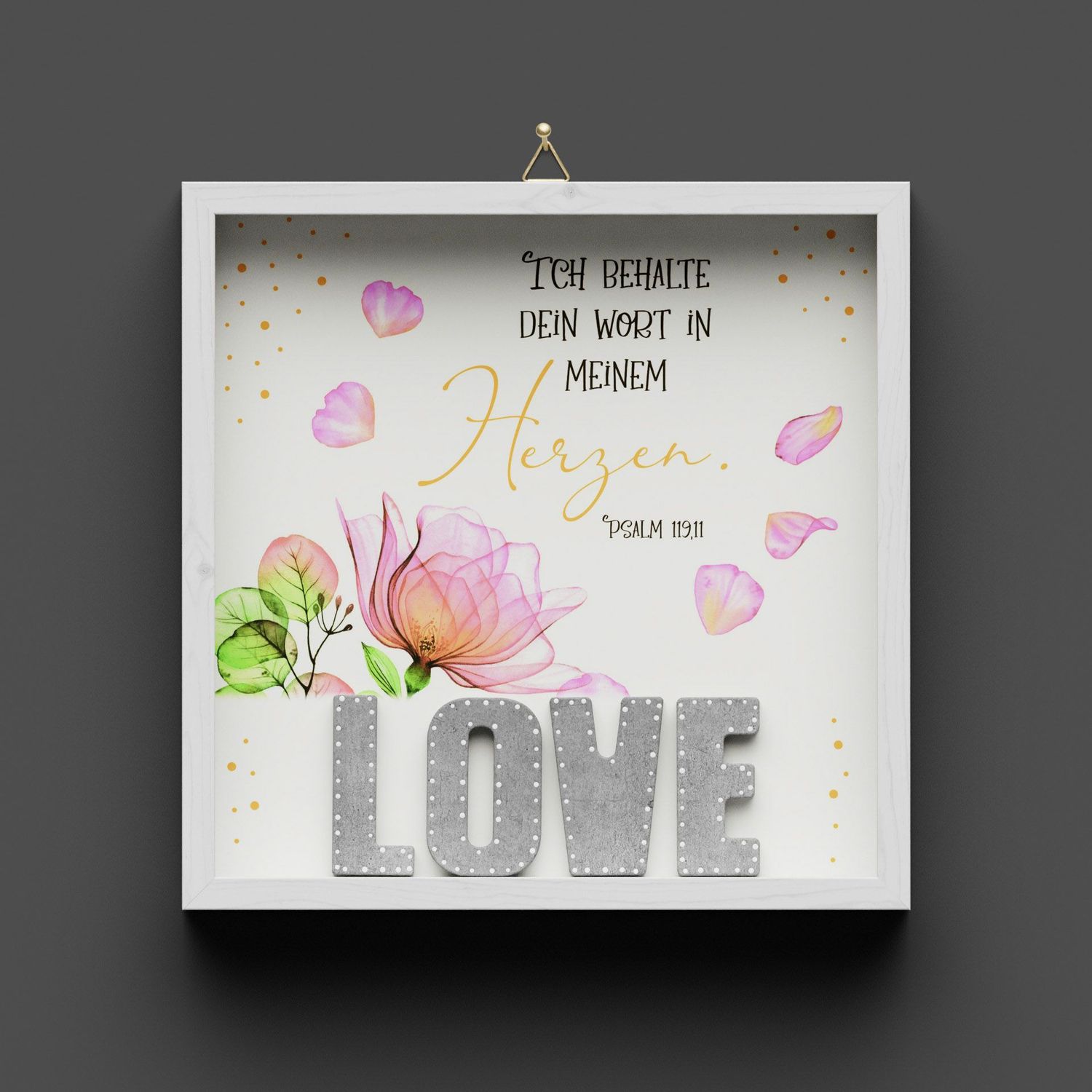 Wandbild aus Holz "LOVE" Blumen, Psalm 119.11