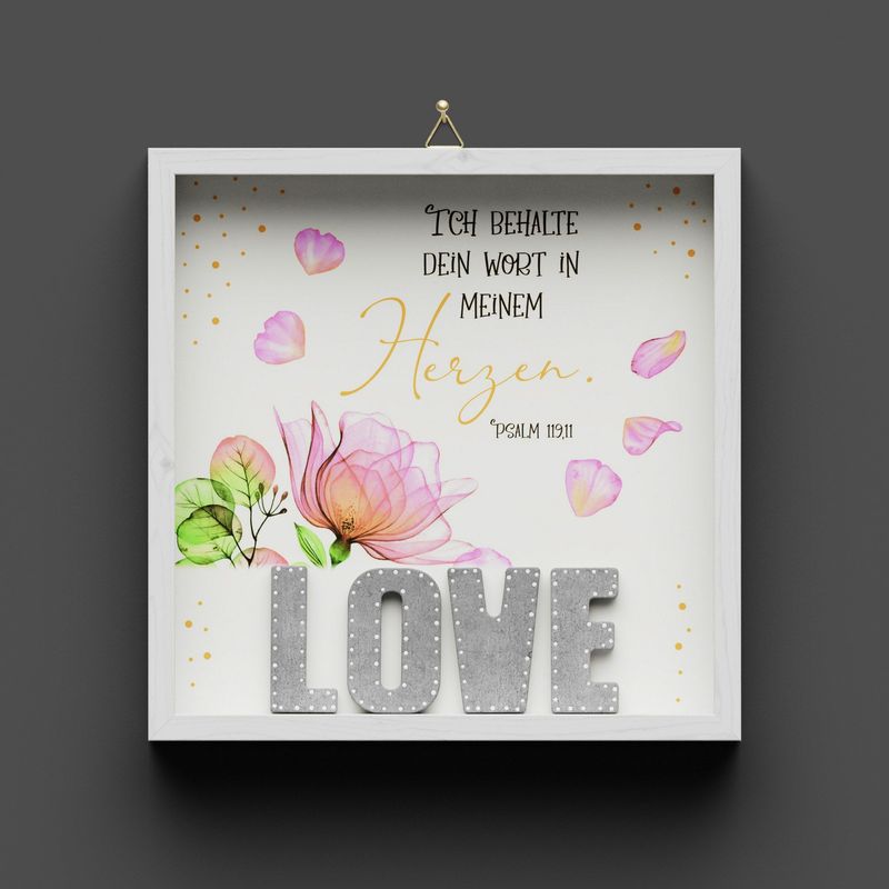 Wandbild aus Holz "LOVE" Blumen, Psalm 119.11