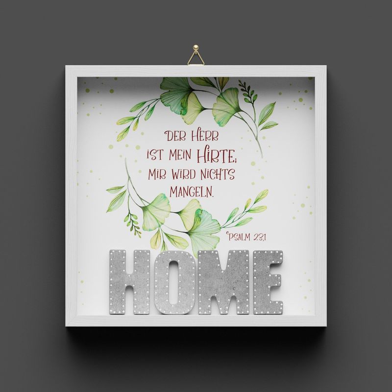 Wandbild aus Holz "HOME" Blumen, Psalm 23.1