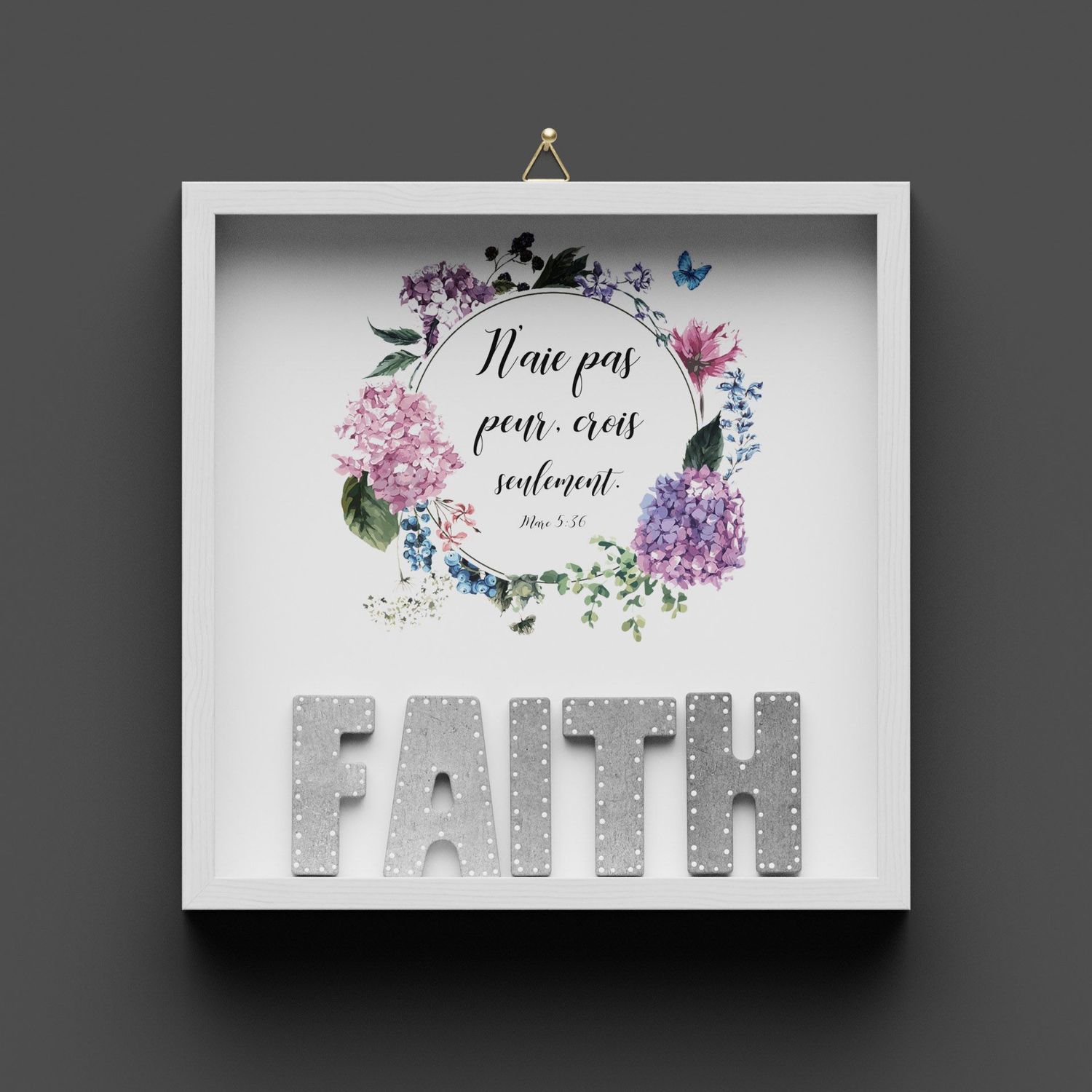 Cadre en bois "FAITH" fleurs, Marc 5:36