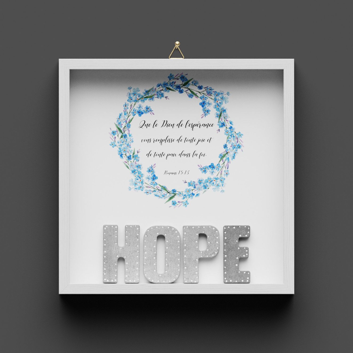 Cadre en bois "HOPE" fleurs, Romains 15.13