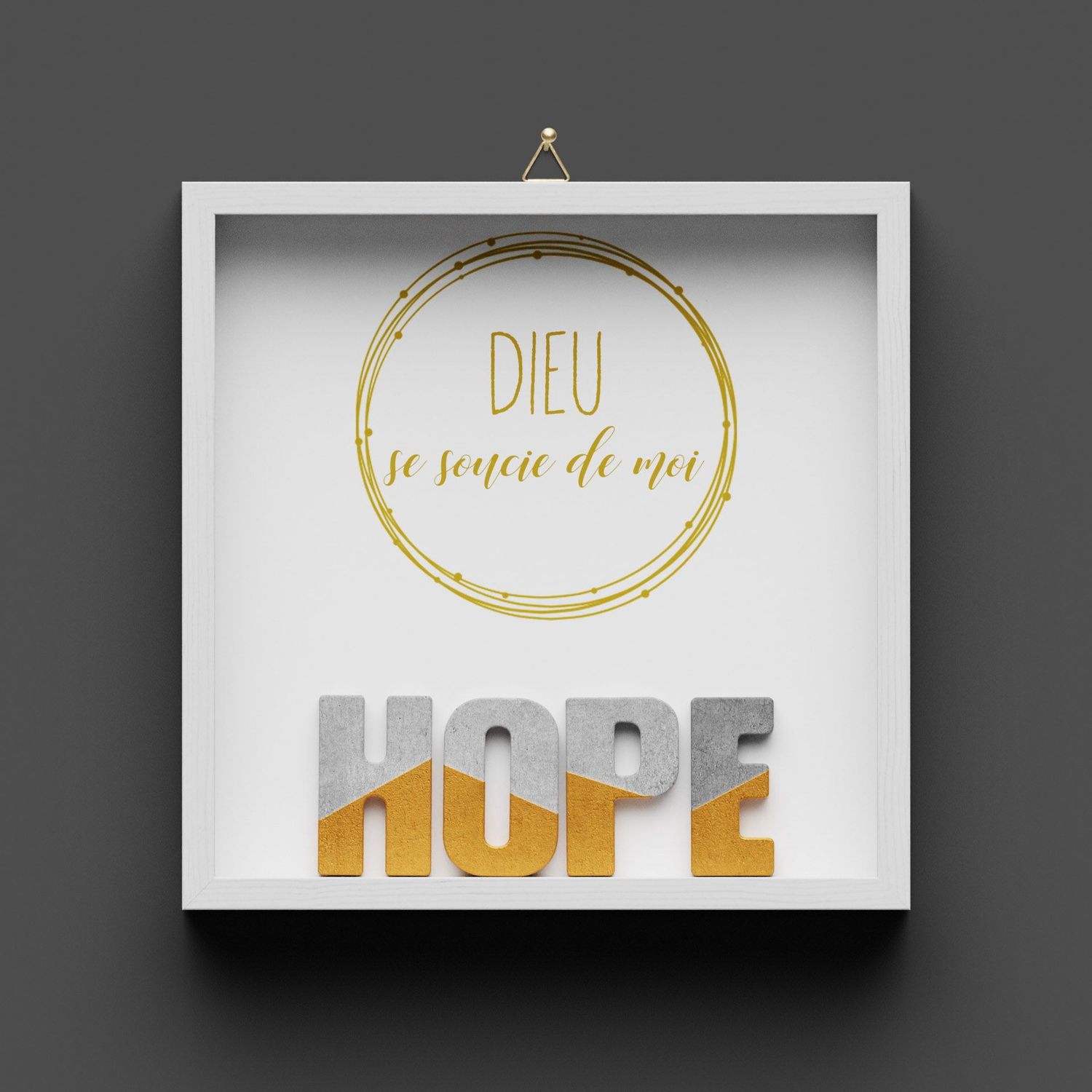 Cadre en bois "HOPE" or, Dieu se soucie de moi