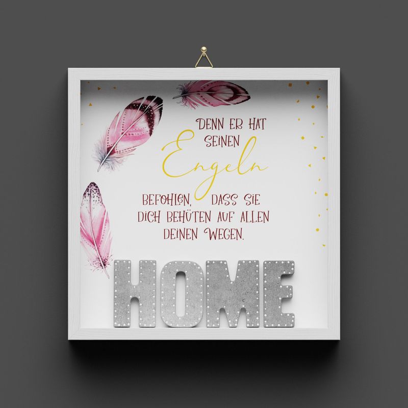 Wandbild aus Holz "HOME" Federn