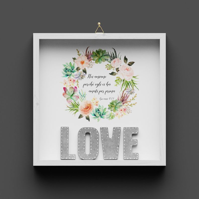 Quadro in legno "LOVE" fiori, 1.Giovanni 4:19