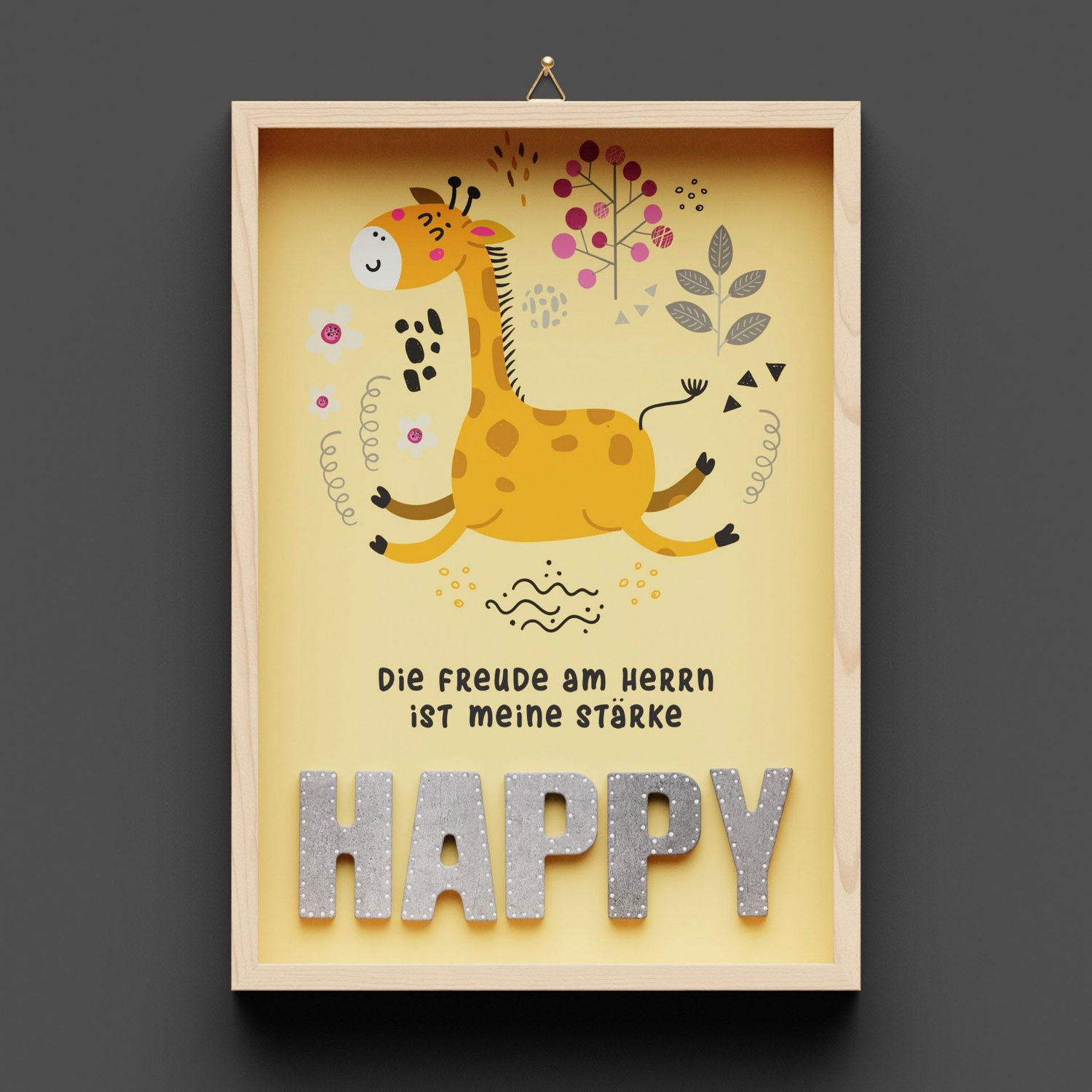 Wandbild aus Holz, Giraffe "HAPPY"