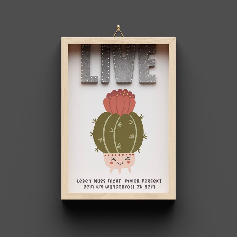 Wandbild aus Holz, Kaktus "LIVE"
