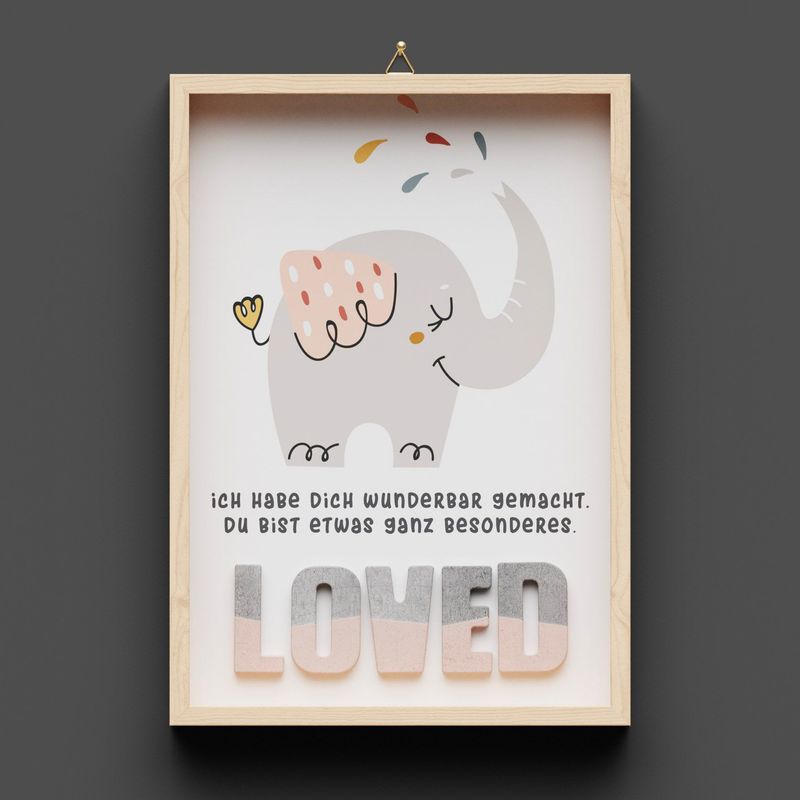 Wandbild aus Holz, Elefant "LOVED"