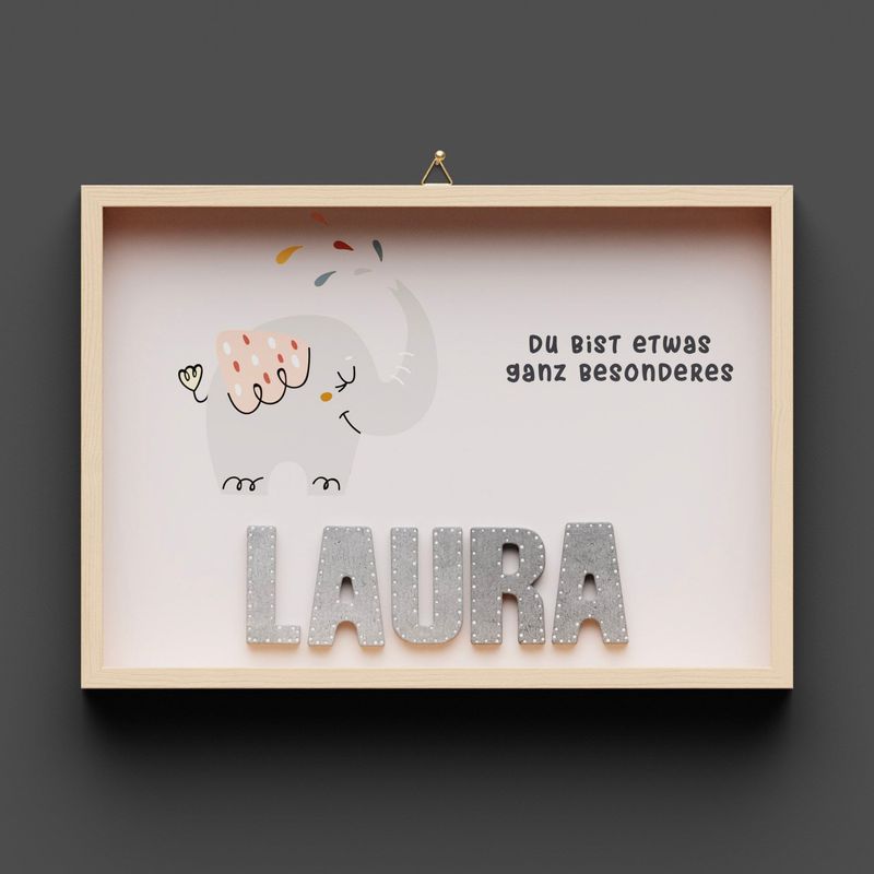 Wandbild aus Holz mit Namen, Elefant