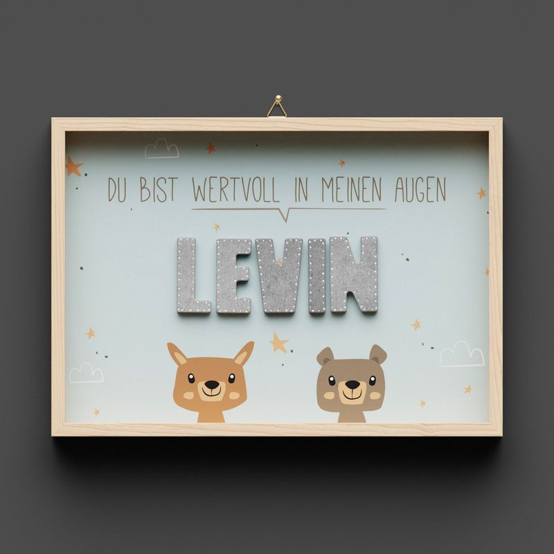 Wandbild aus Holz mit Namen, hellblau