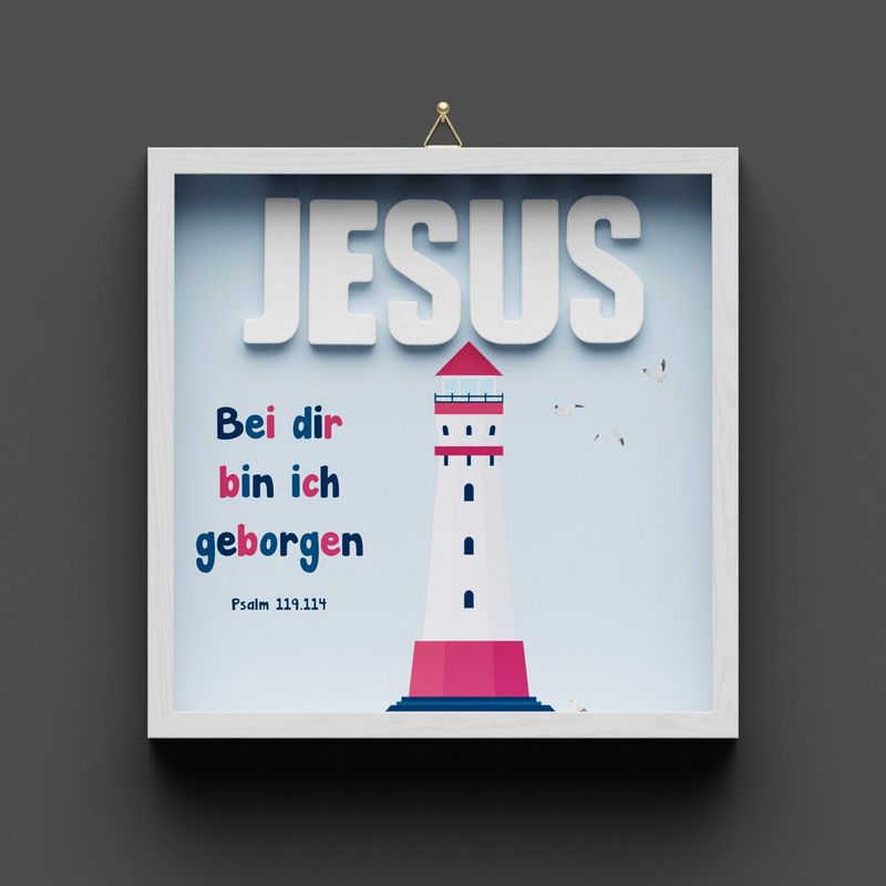 Wandbild aus Holz "JESUS" Leuchtturm, mit Nachtleuchteffekt, nicht personalisierbar