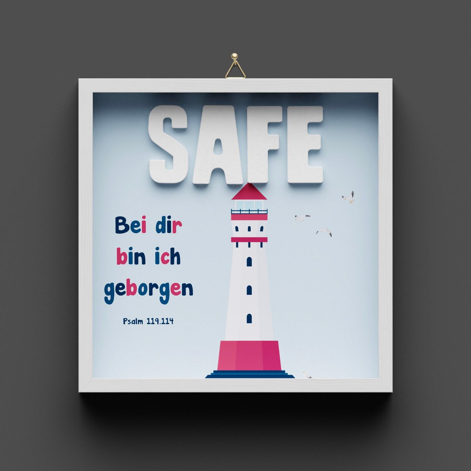 Wandbild aus Holz "SAFE" Leuchtturm, mit Nachtleuchteffekt, nicht personalisierbar