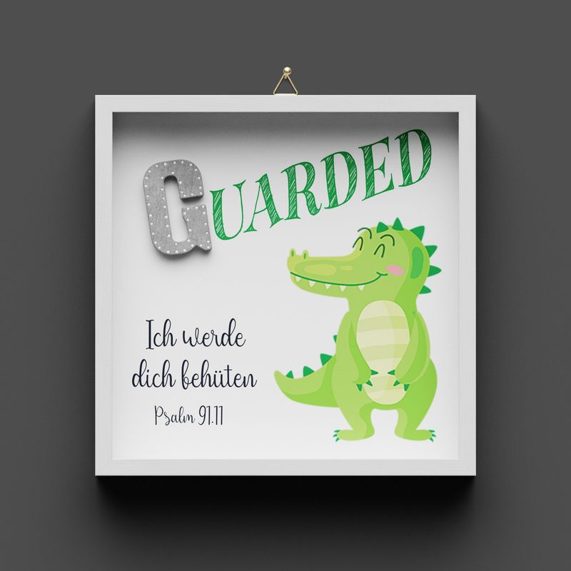 Wandbild aus Holz "GUARDED" Krokodil, Psalm 91:11, nicht personalisierbar