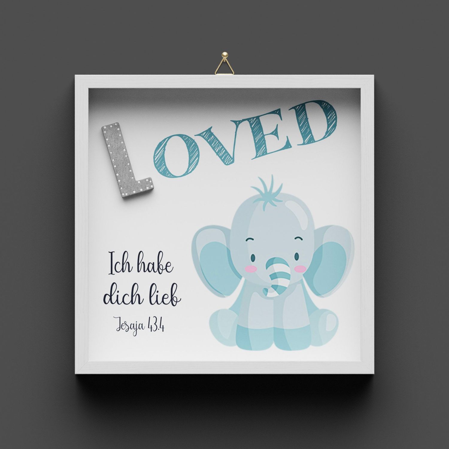 Wandbild aus Holz "LOVED" Elefant, Jesaja 43:4, nicht personalisierbar