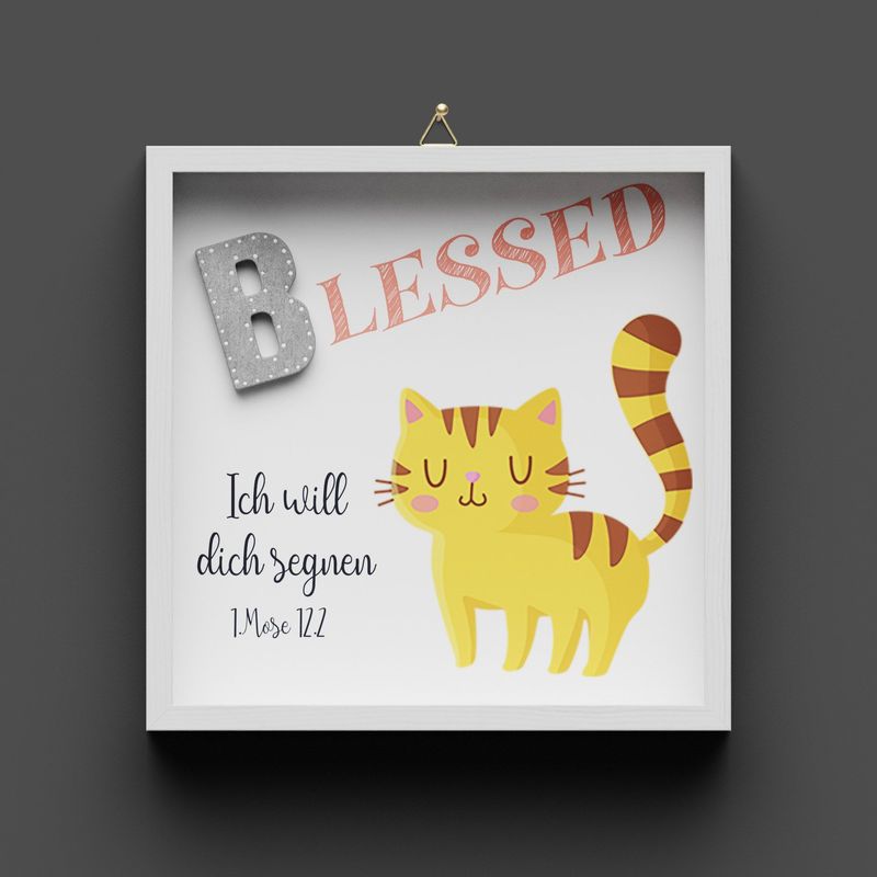 Wandbild aus Holz "BLESSED" Katze, 1.Mose 12:2, nicht personalisierbar