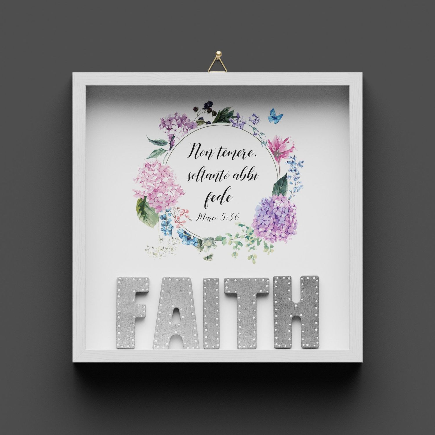 Quadro in legno "FAITH" fiori, Ebrei 11:1
