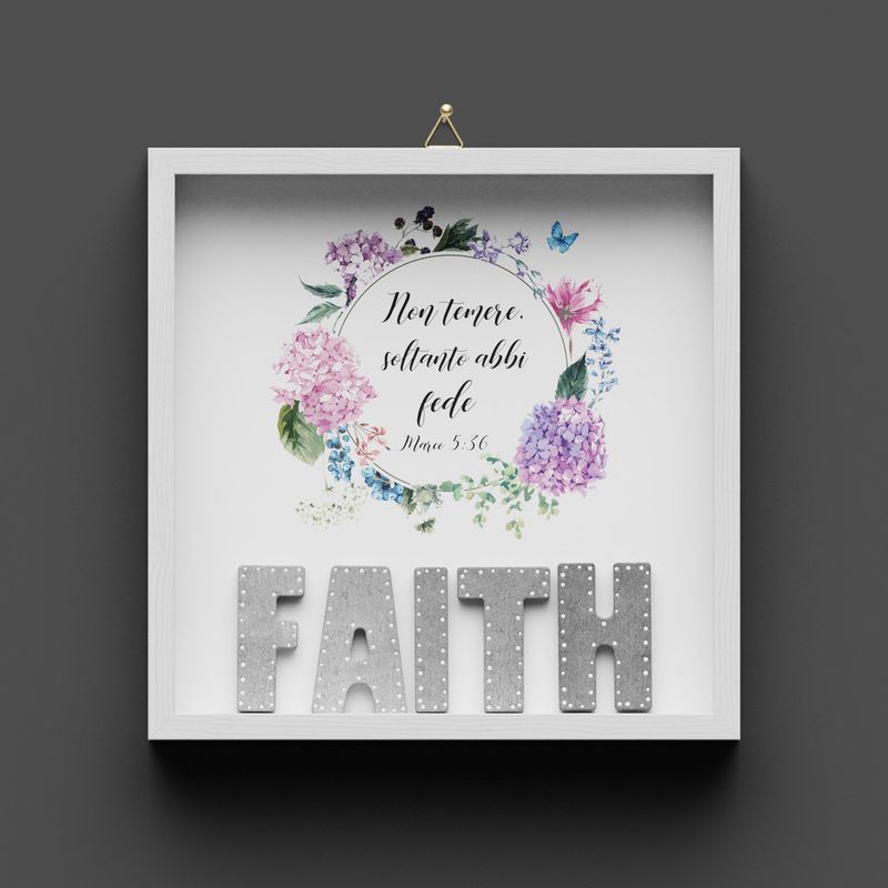 Quadro in legno "FAITH" fiori, Ebrei 11:1