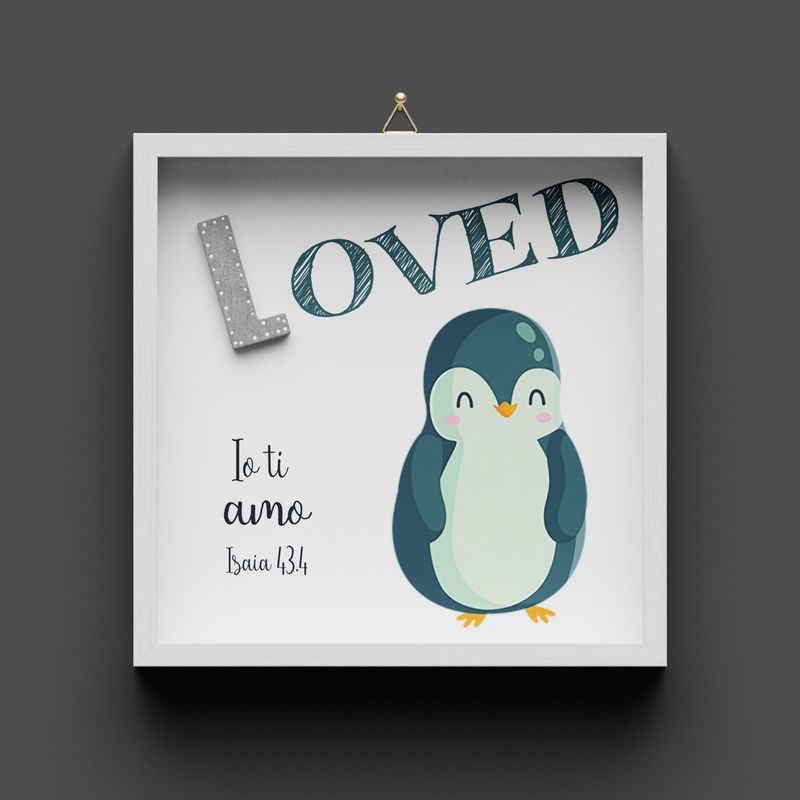 Quadro in legno "LOVED" Pinguino, Isaia 43:4, non personalizzabile
