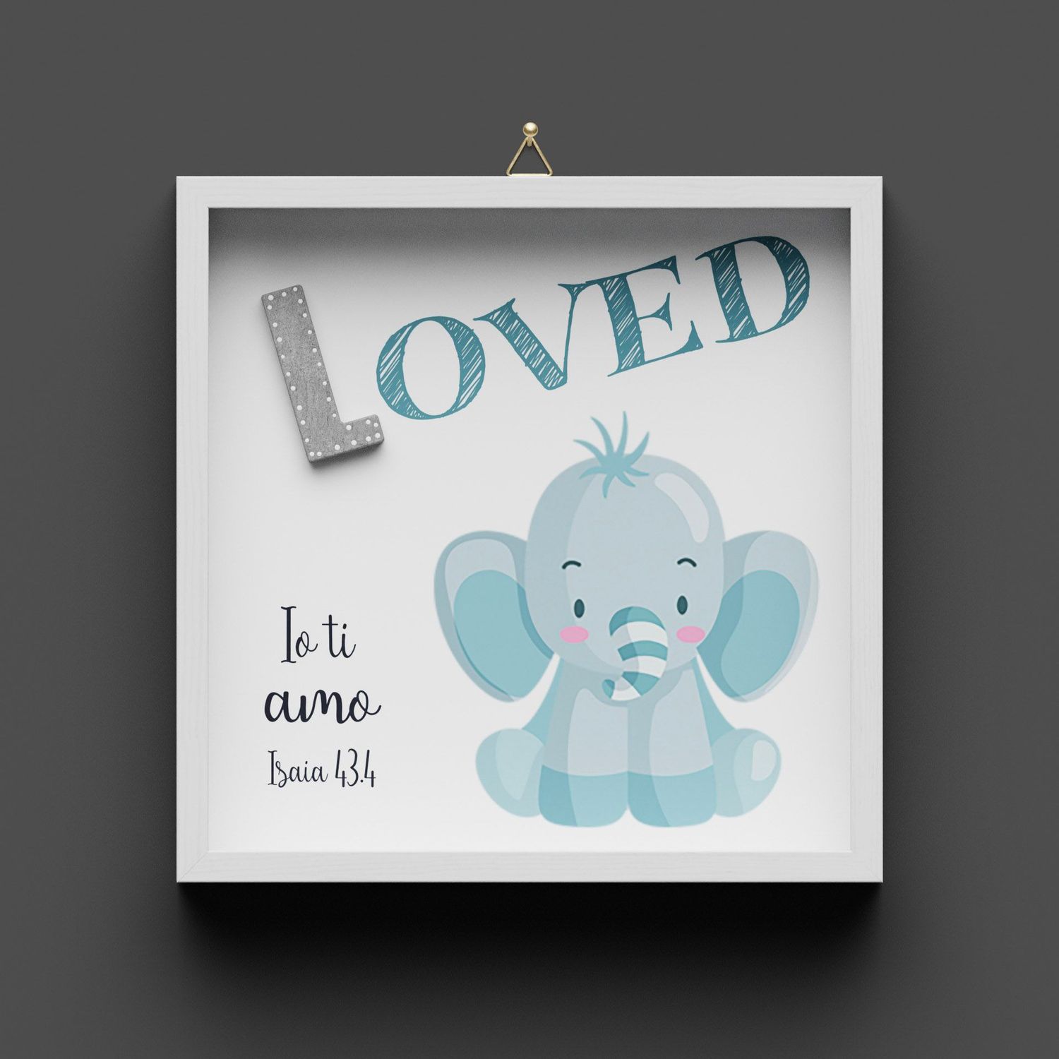 Quadro in legno "LOVED" Elefantino, Isaia 43:4, non personalizzabile