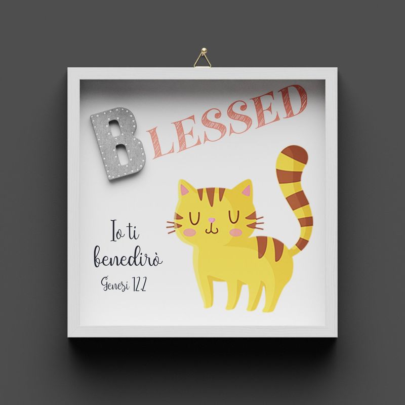 Quadro in legno "BLESSED" Gatto, Genesi 12:2, non personalizzabile